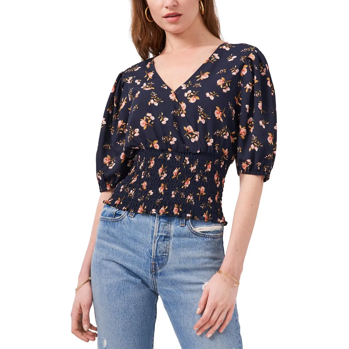 1.State Womens Smocked Faux Wrap Top