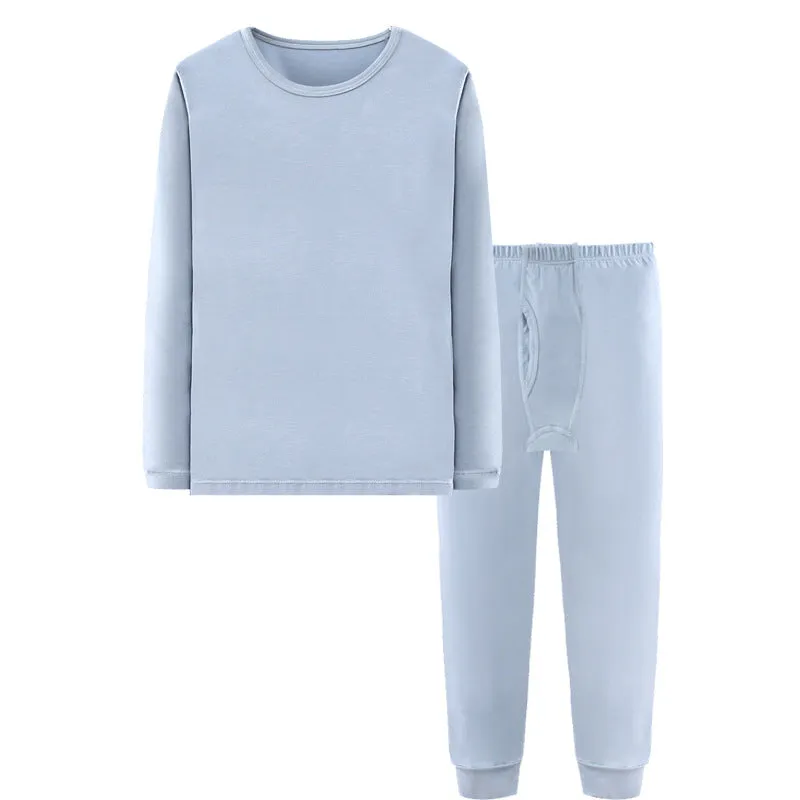2019 Boys Thermal Underwear Set - B Grade Fabric, Knit, Men, 8-14 Years, Round Collar, Plain Processed, Soft, Grid Pattern, All Seasons, 36% Cotton, Keep Warm