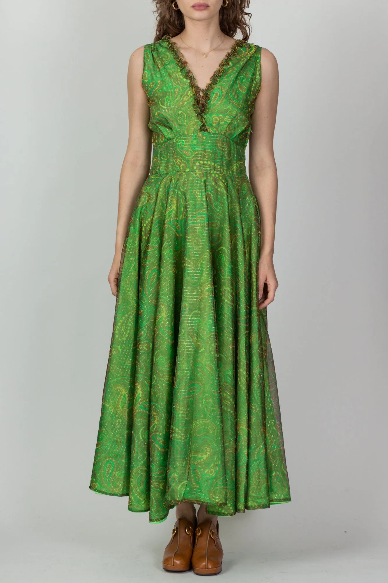 60s Green Paisley Metallic Chiffon Party Dress - Medium