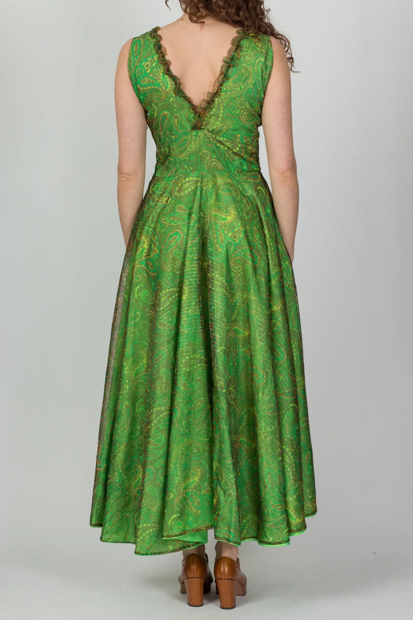 60s Green Paisley Metallic Chiffon Party Dress - Medium