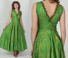 60s Green Paisley Metallic Chiffon Party Dress - Medium
