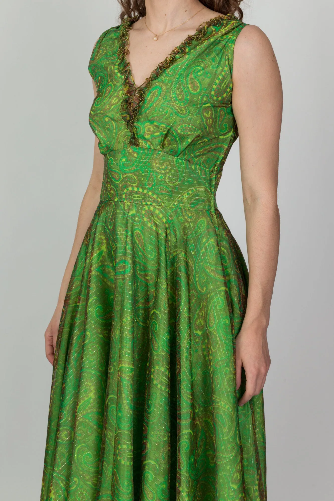 60s Green Paisley Metallic Chiffon Party Dress - Medium