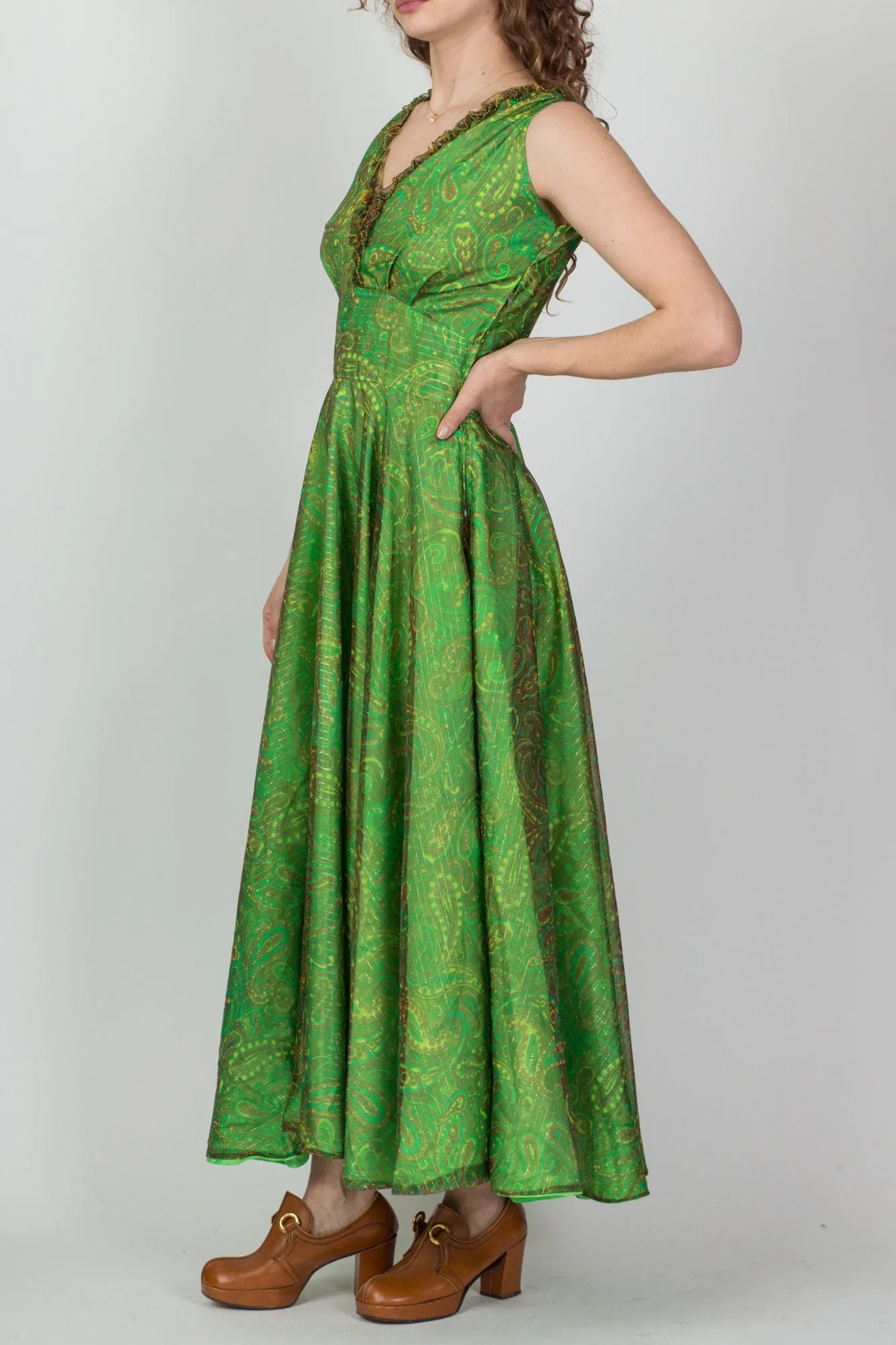 60s Green Paisley Metallic Chiffon Party Dress - Medium