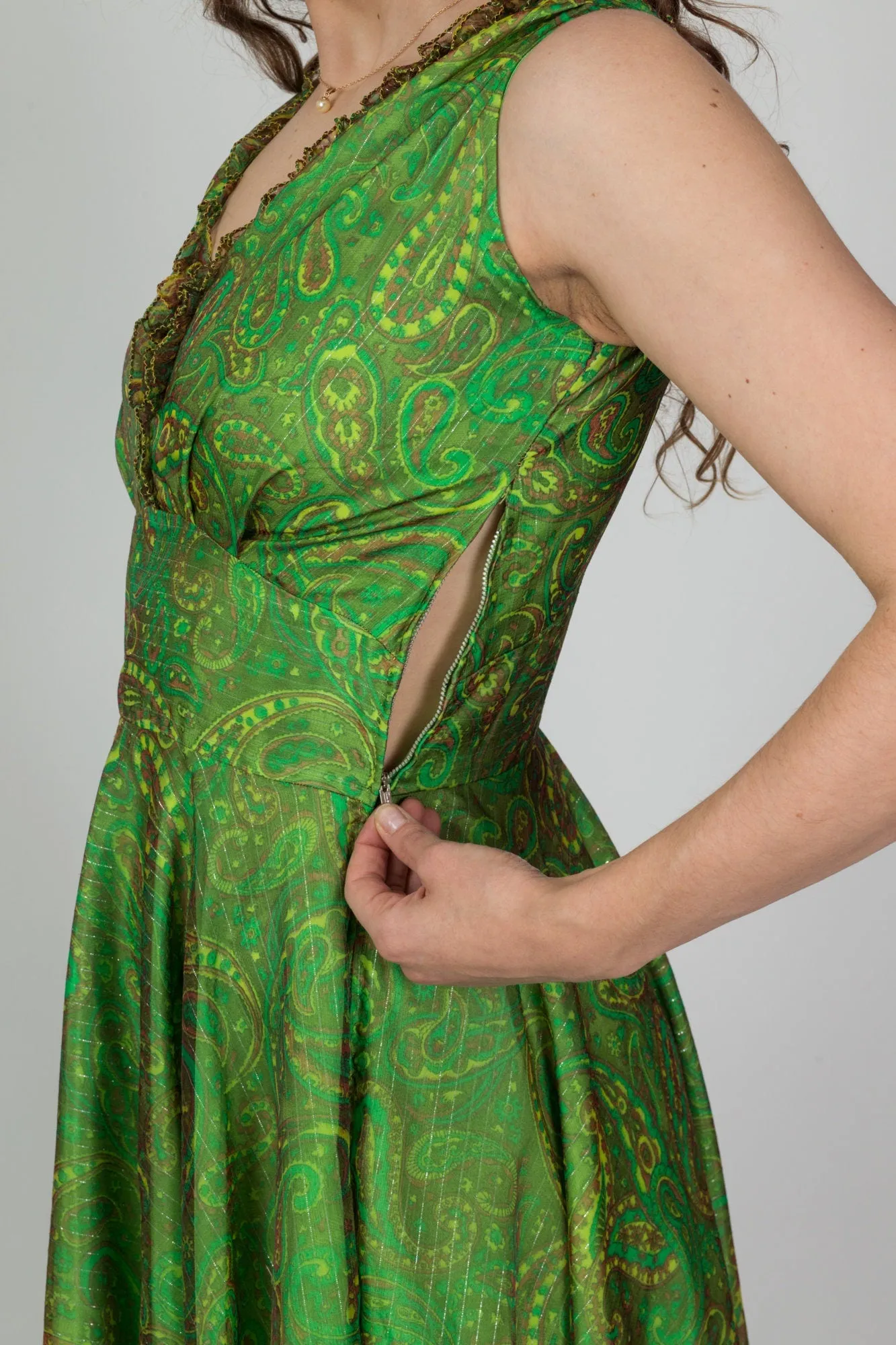 60s Green Paisley Metallic Chiffon Party Dress - Medium
