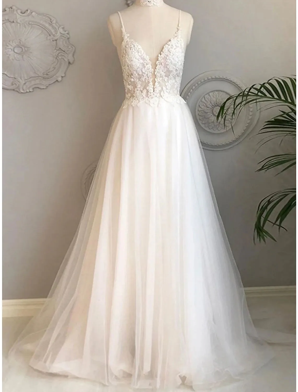 Aimishang  A-Line Evening Gown Minimalist Dress Engagement Sweep / Brush Train Sleeveless V Neck Tulle with Beading Appliques Shouder Flower