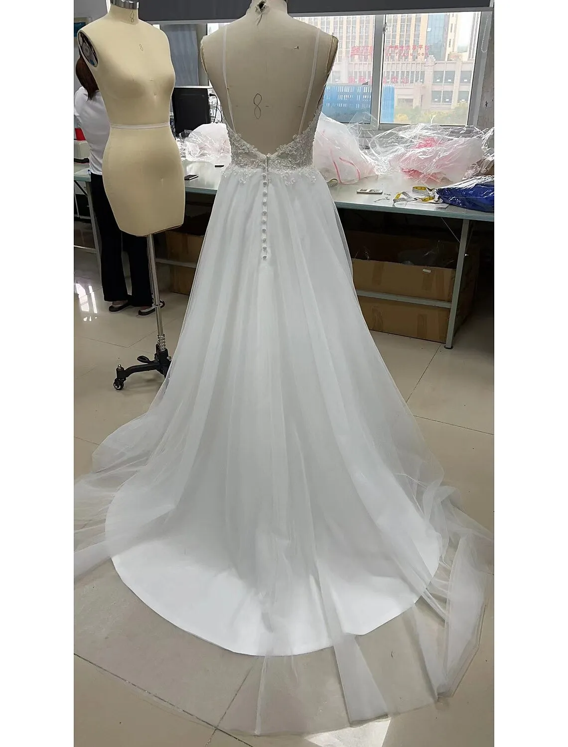 Aimishang  A-Line Evening Gown Minimalist Dress Engagement Sweep / Brush Train Sleeveless V Neck Tulle with Beading Appliques Shouder Flower