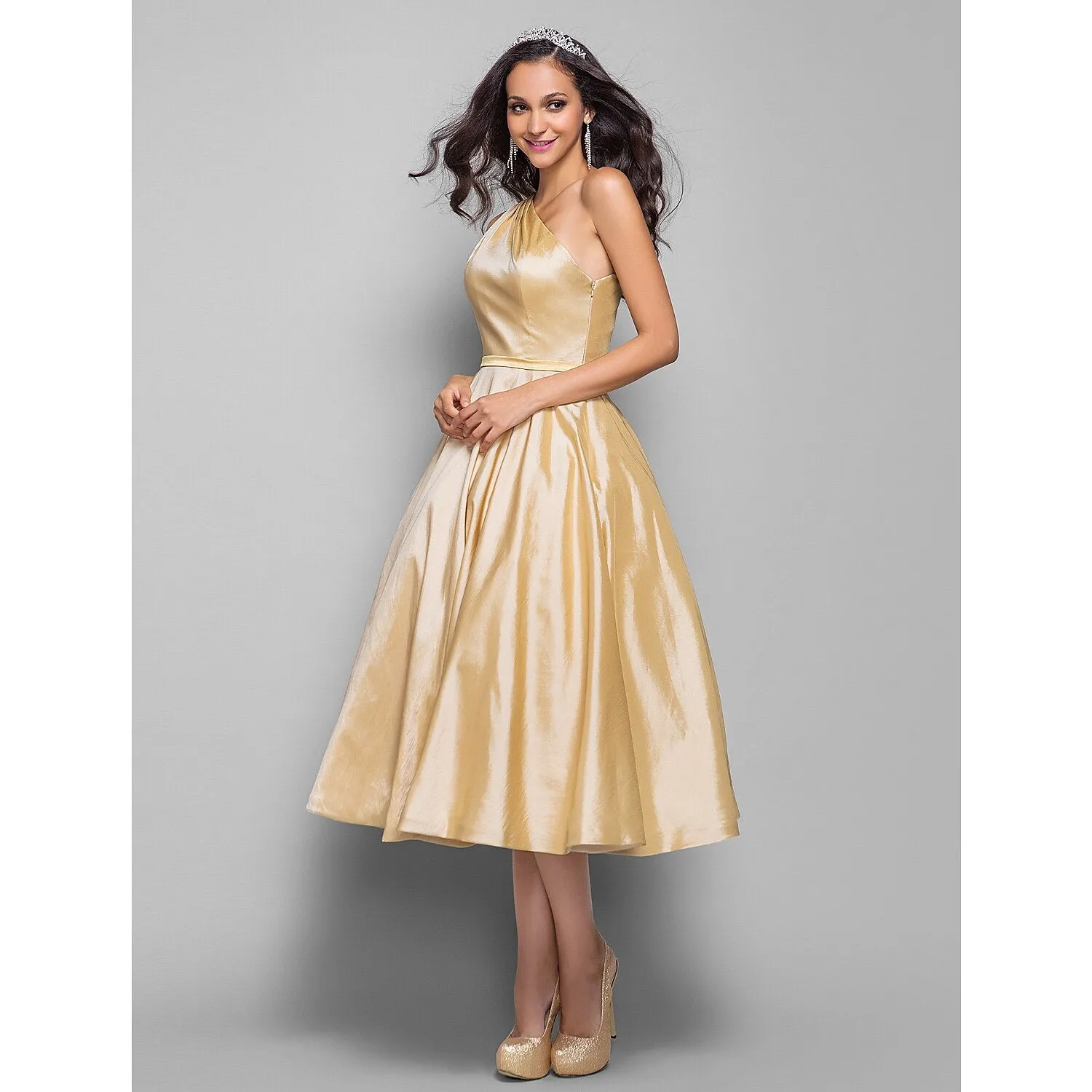 Aimishang   A-Line Minimalist Elegant Cocktail Party Wedding Party Dress One Shoulder Sleeveless Tea Length Taffeta with Sash / Ribbon
