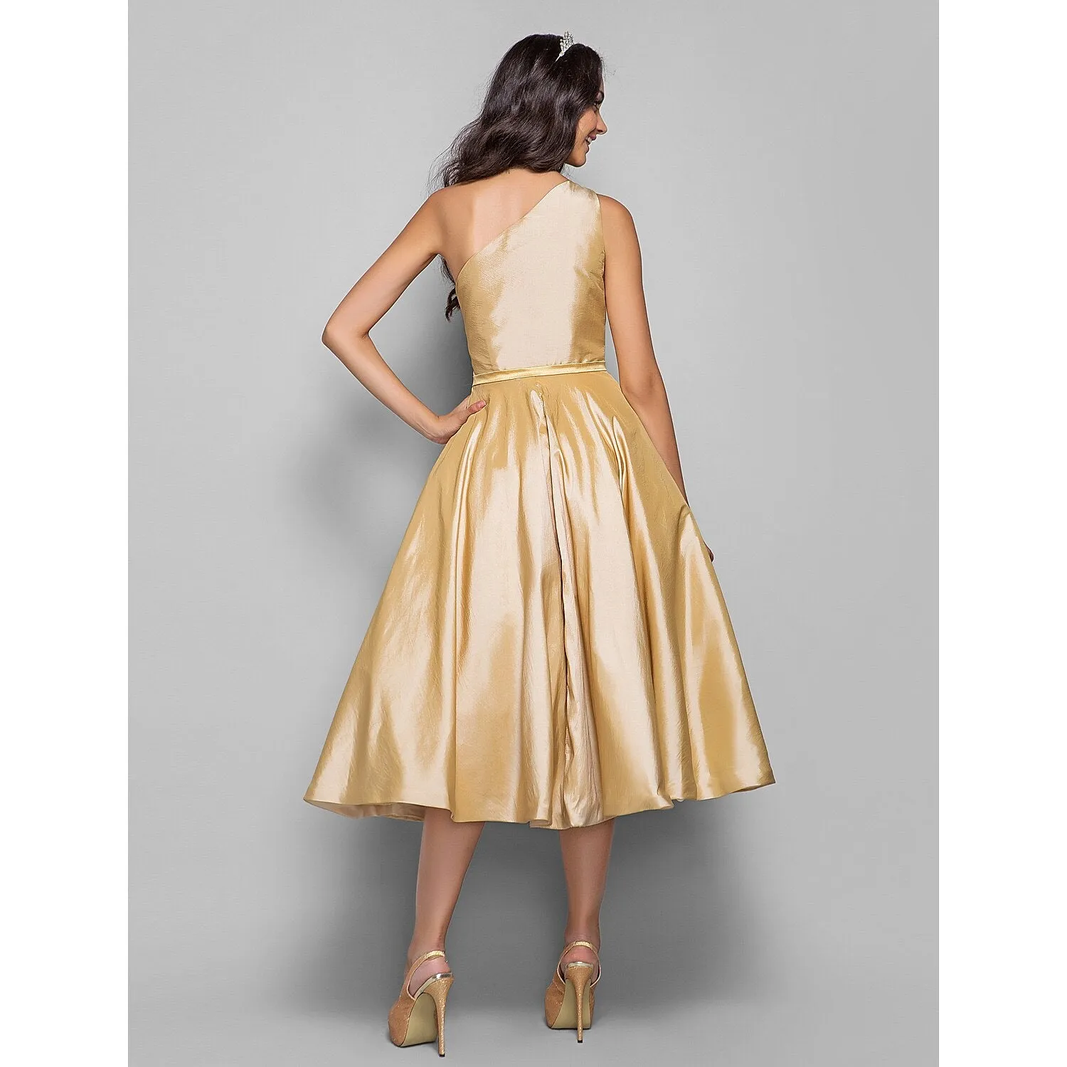 Aimishang   A-Line Minimalist Elegant Cocktail Party Wedding Party Dress One Shoulder Sleeveless Tea Length Taffeta with Sash / Ribbon