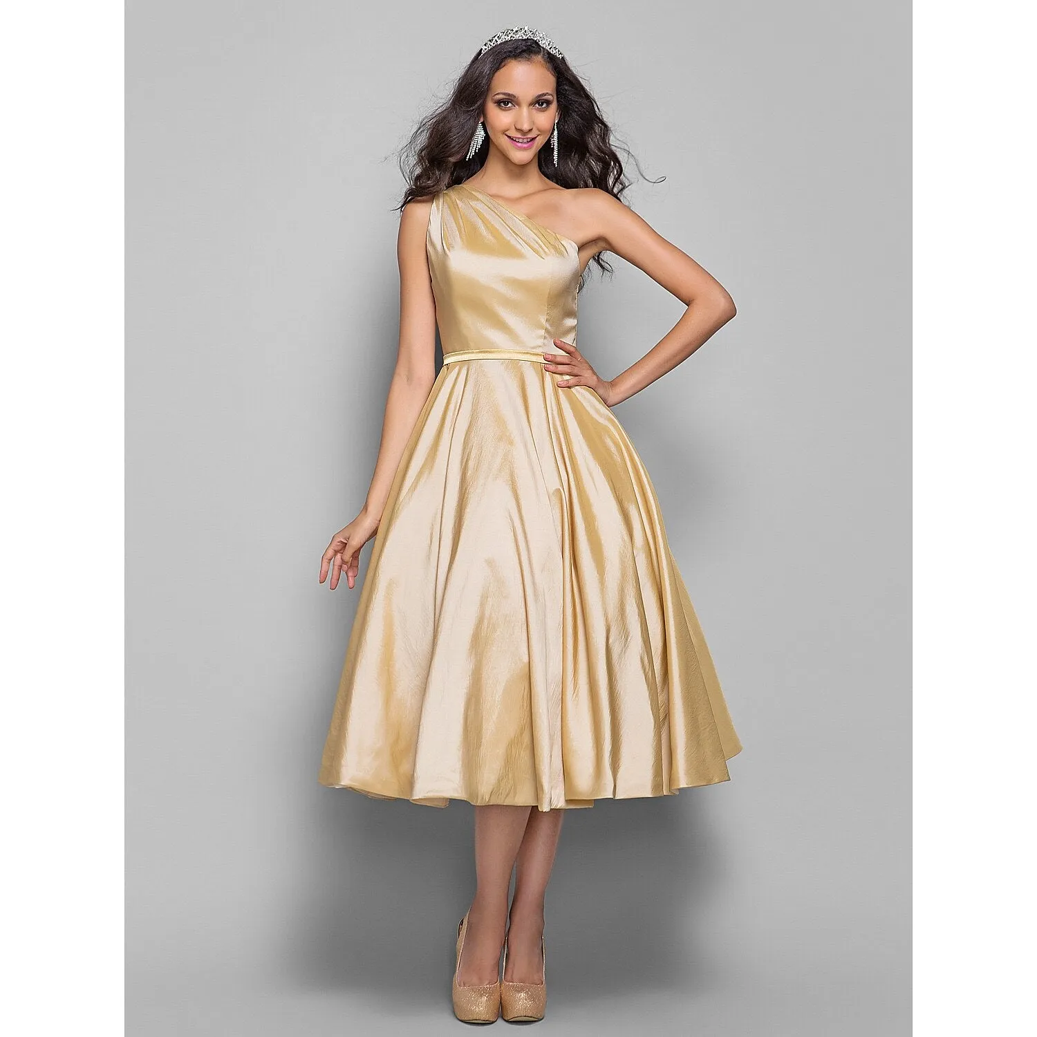 Aimishang   A-Line Minimalist Elegant Cocktail Party Wedding Party Dress One Shoulder Sleeveless Tea Length Taffeta with Sash / Ribbon