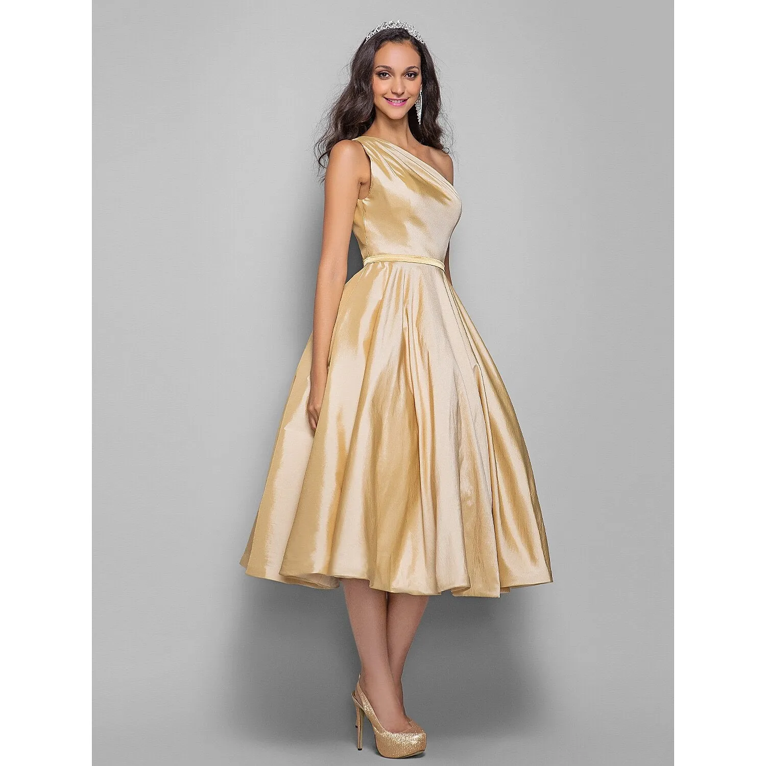 Aimishang   A-Line Minimalist Elegant Cocktail Party Wedding Party Dress One Shoulder Sleeveless Tea Length Taffeta with Sash / Ribbon