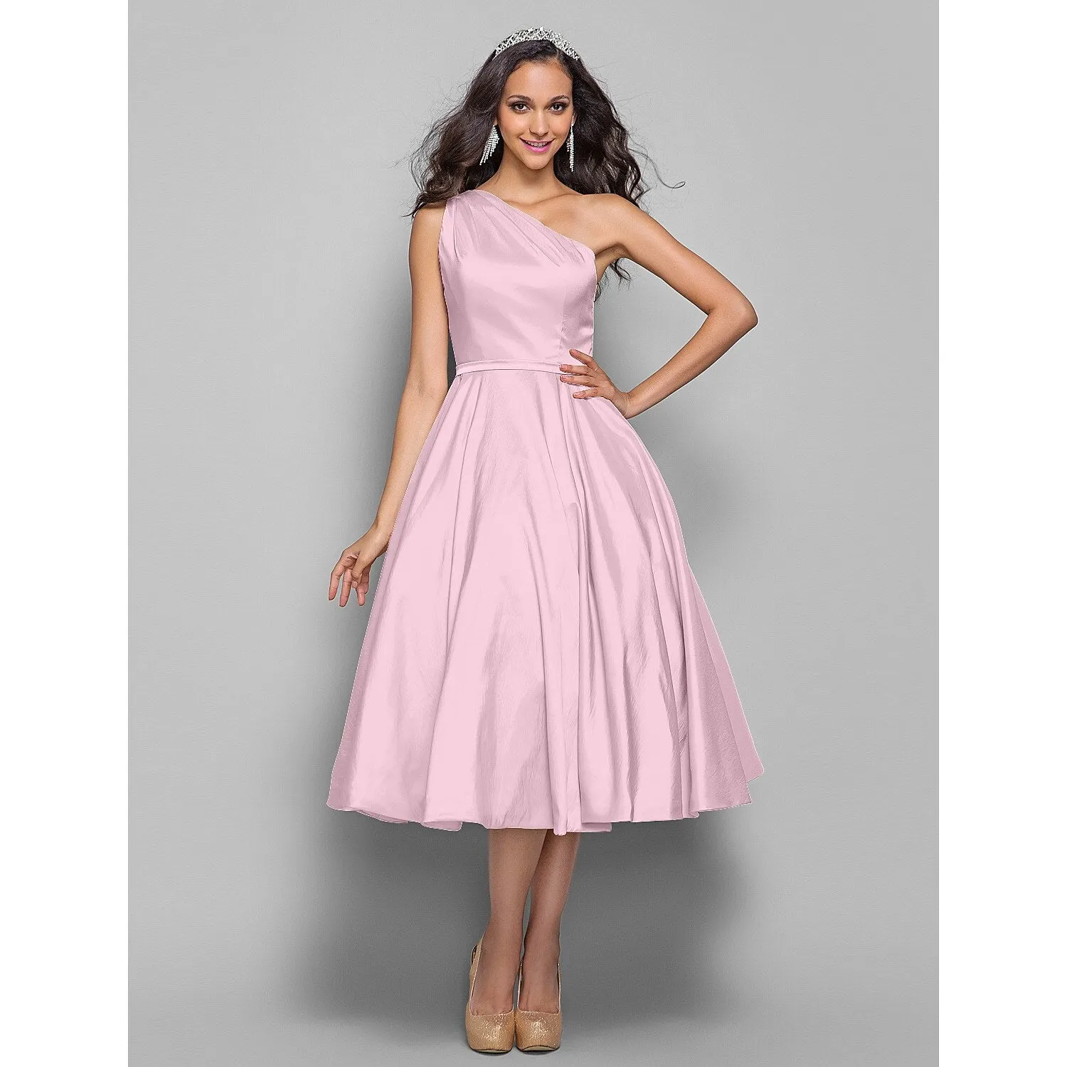 Aimishang   A-Line Minimalist Elegant Cocktail Party Wedding Party Dress One Shoulder Sleeveless Tea Length Taffeta with Sash / Ribbon