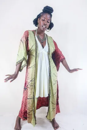 Aquaria Robe Dress - Vintage Sari - Earthy Coral Blossom - Free Size S