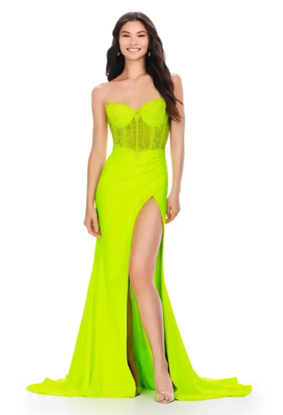 Ashley Lauren 11520 Long Fitted Jersey Maxi Slit Prom Dress Strapless Crystal Bodice Formal Gown