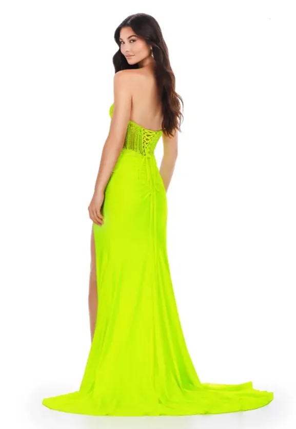 Ashley Lauren 11520 Long Fitted Jersey Maxi Slit Prom Dress Strapless Crystal Bodice Formal Gown