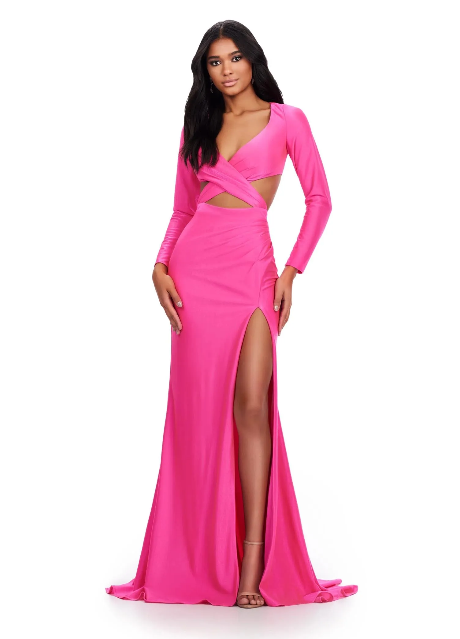 Ashley Lauren 11607 Long Sleeve Jersey Cutout Prom Dress Slit Fitted Skirt Formal Gown