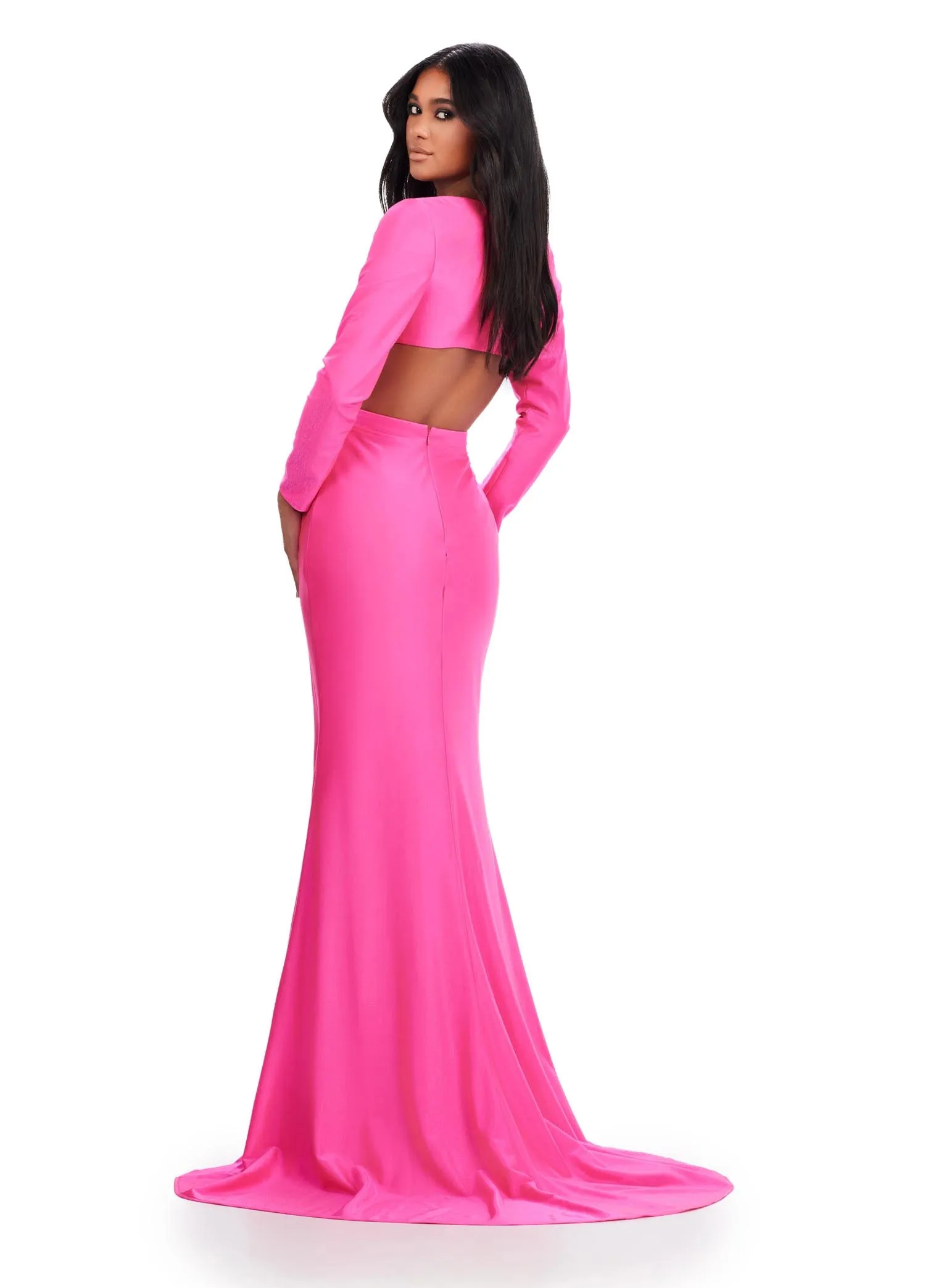 Ashley Lauren 11607 Long Sleeve Jersey Cutout Prom Dress Slit Fitted Skirt Formal Gown