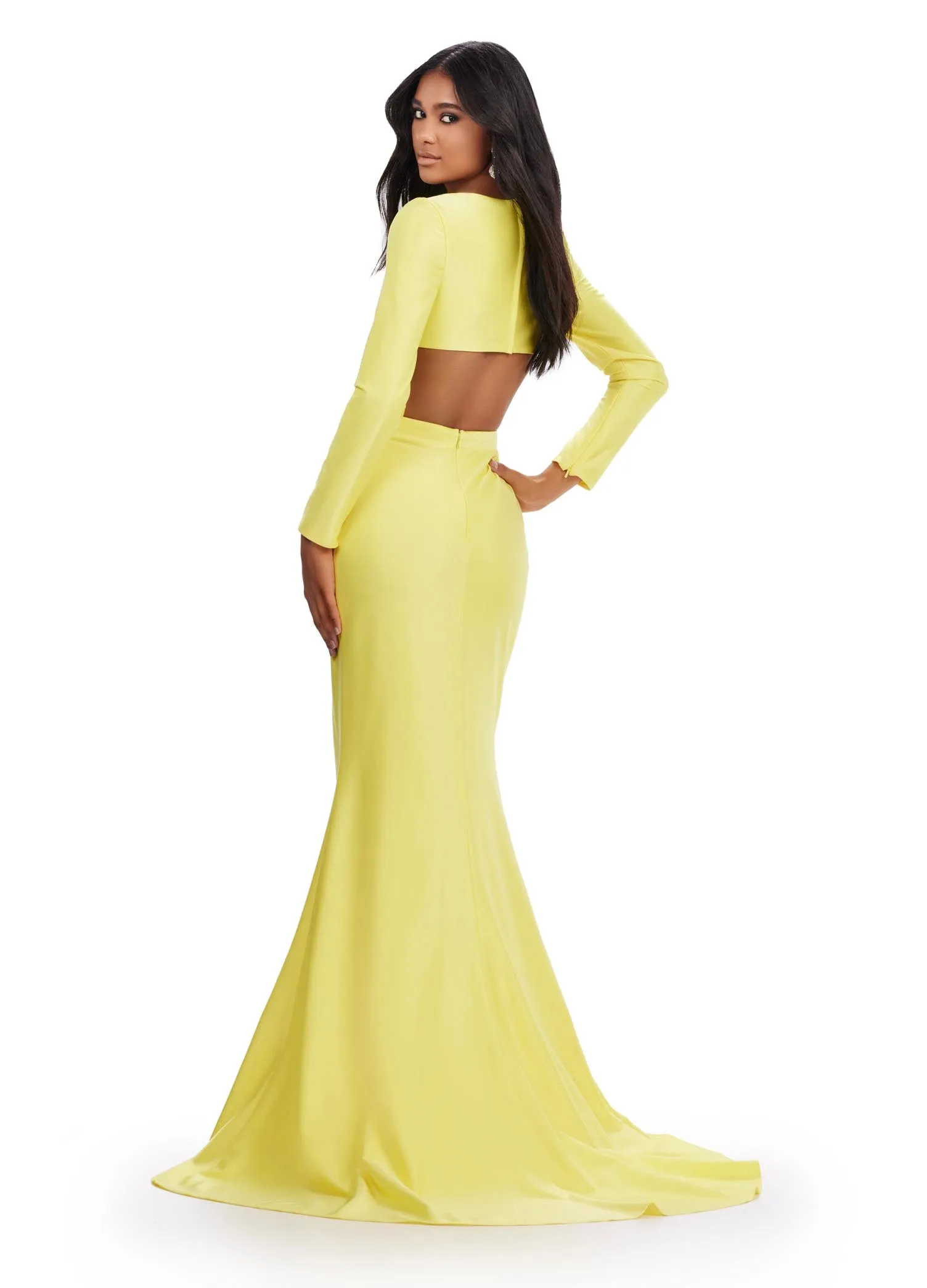 Ashley Lauren 11607 Long Sleeve Jersey Cutout Prom Dress Slit Fitted Skirt Formal Gown