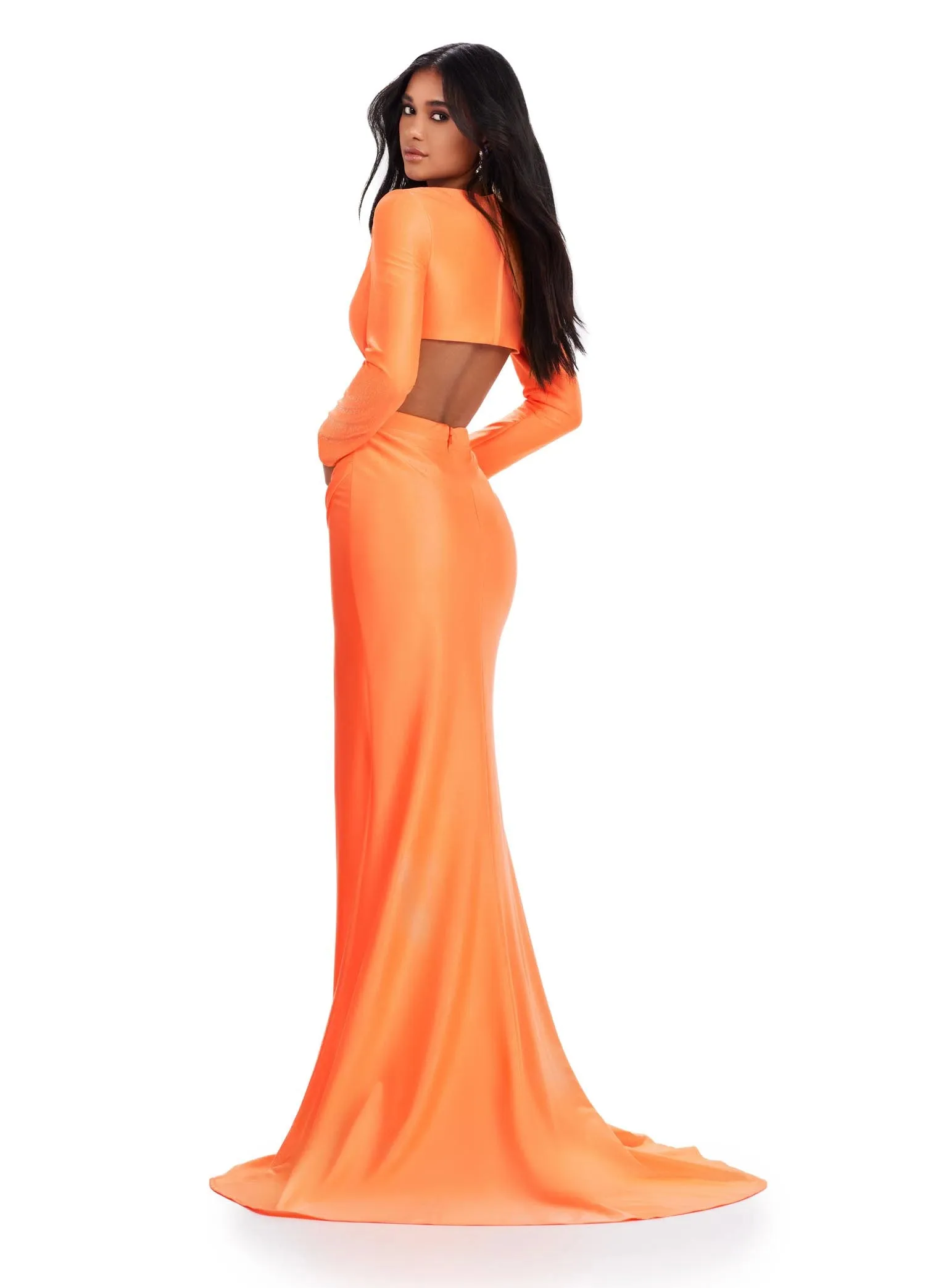 Ashley Lauren 11607 Long Sleeve Jersey Cutout Prom Dress Slit Fitted Skirt Formal Gown