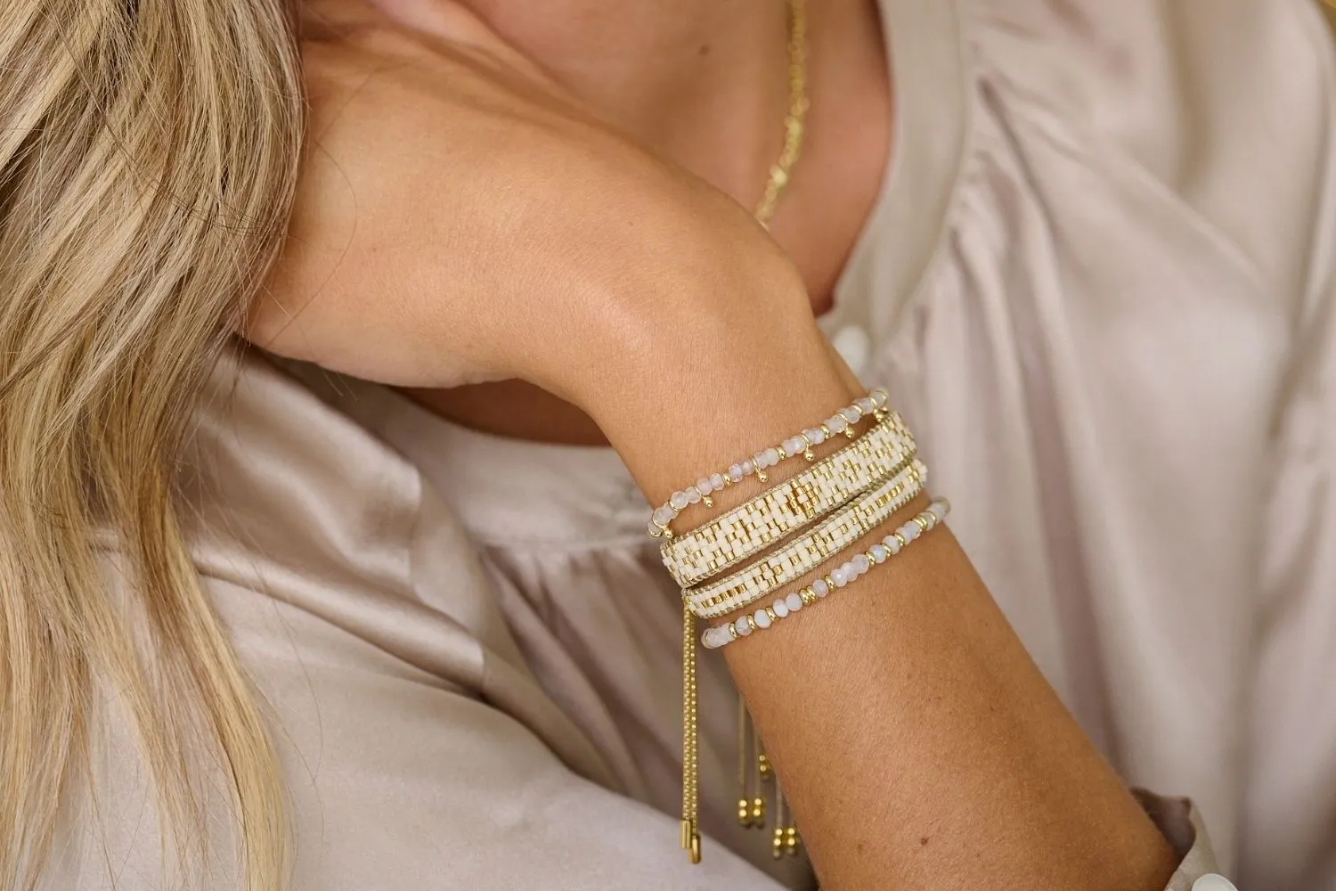 Aslan Gold & Cream Beaded Friendship Bracelet