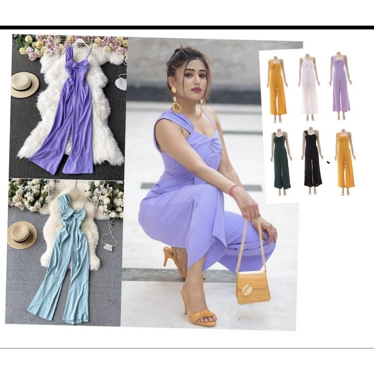 Asymmetrical off-the-shoulder twisted jumpsuit.