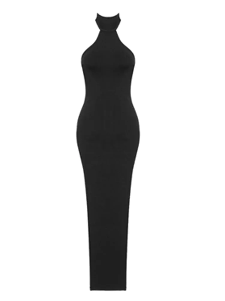 Backless Halter Black Maxi Dress