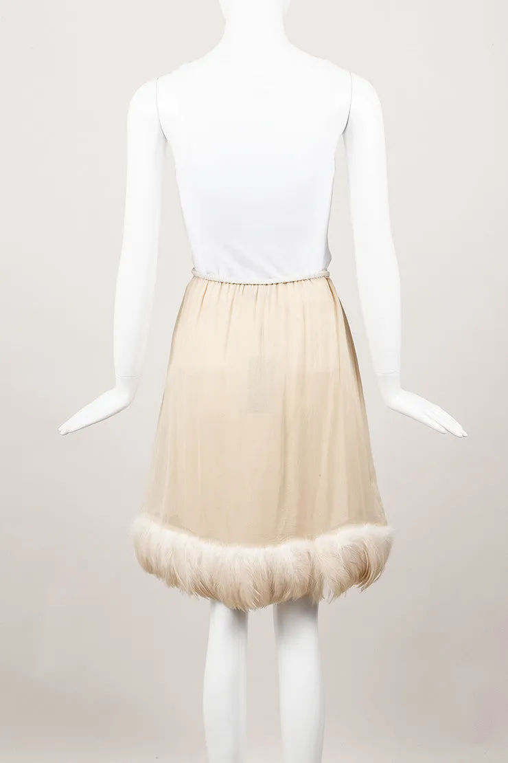 Beige Feather Trim Silk Skirt