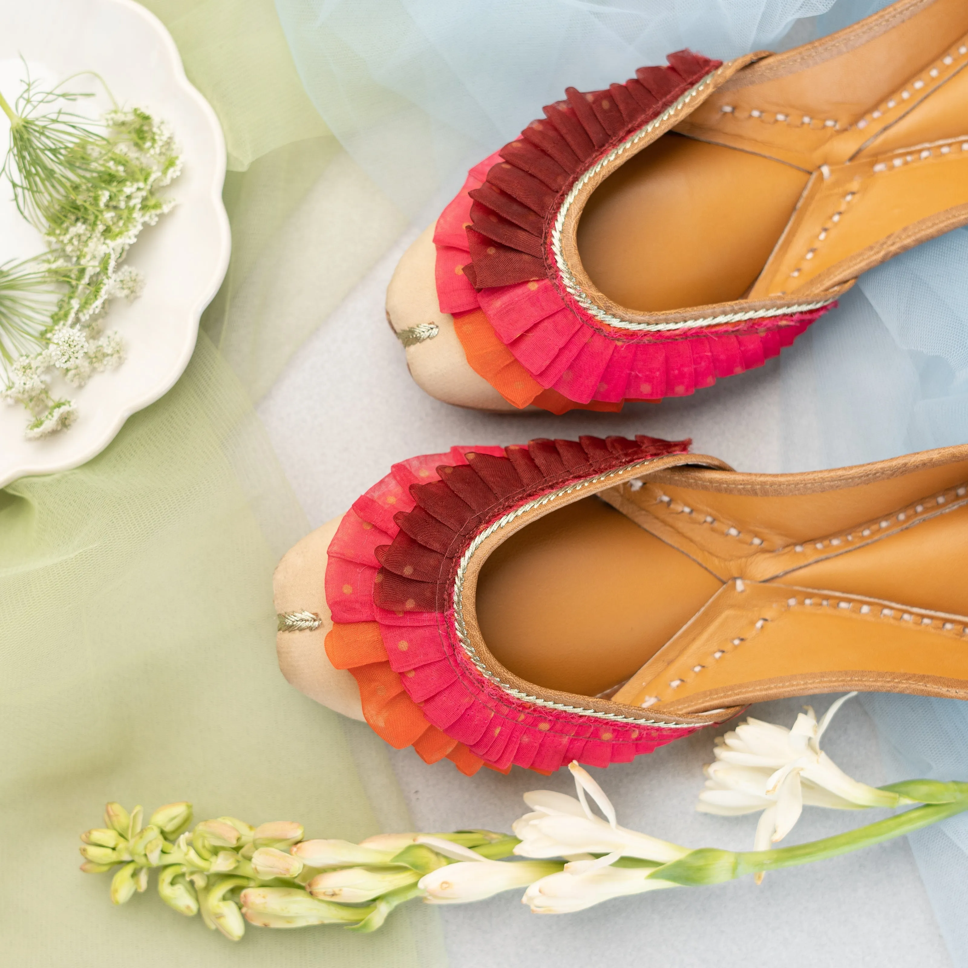 Beige Ruffled Jutti with Gota Lace