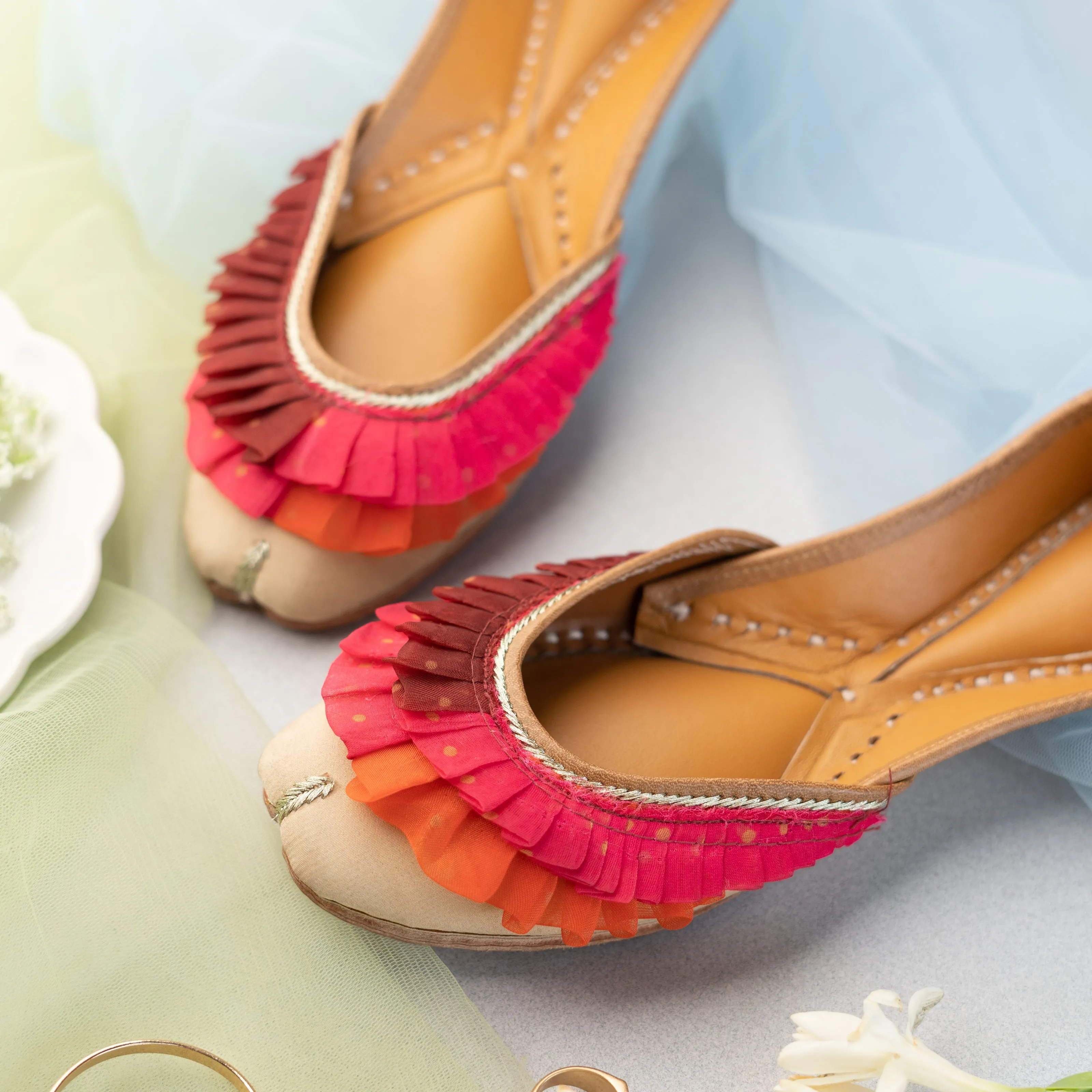 Beige Ruffled Jutti with Gota Lace