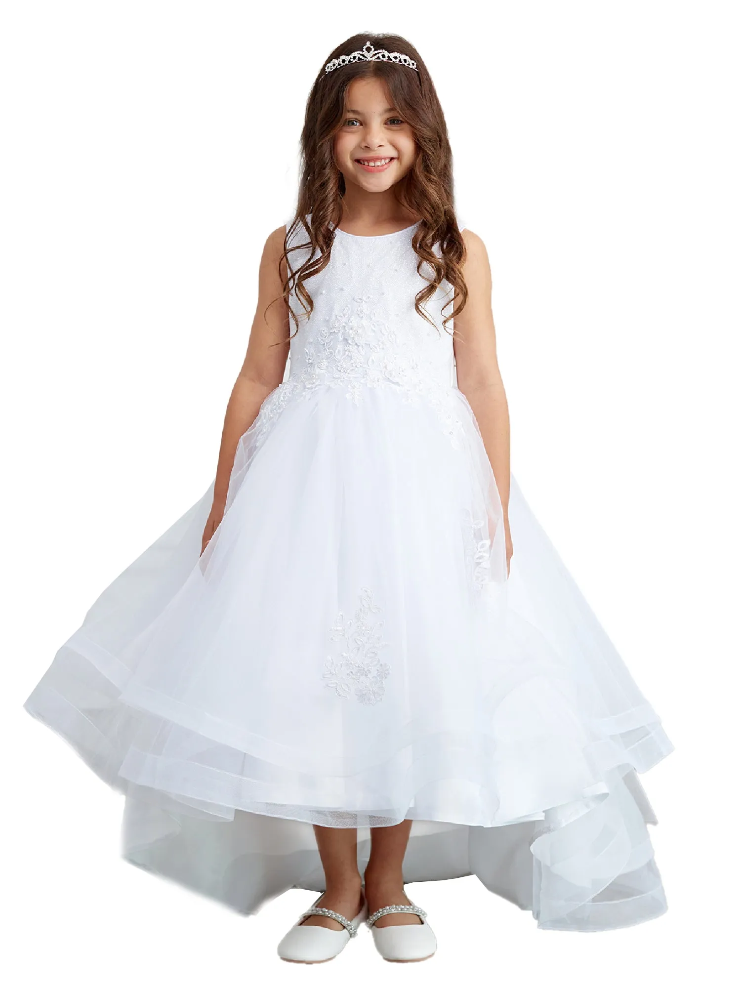 Big Girls White Pearl Rhinestone Lace Tail Skirt Junior Bridesmaid Dress 8-16