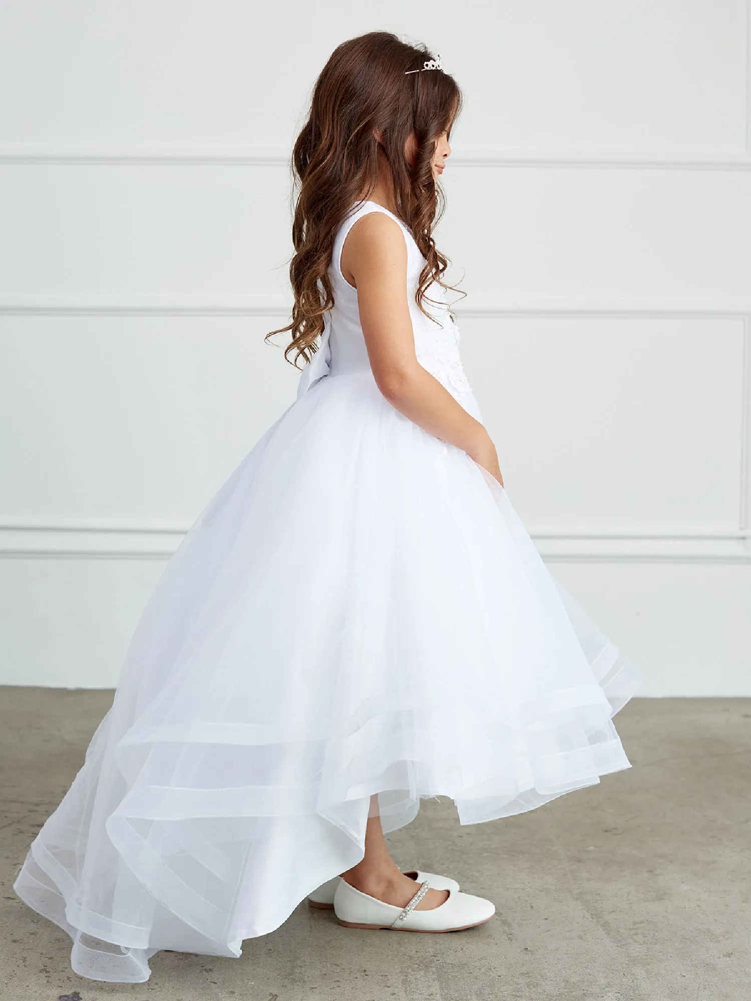 Big Girls White Pearl Rhinestone Lace Tail Skirt Junior Bridesmaid Dress 8-16