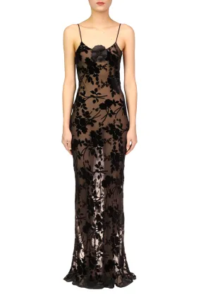 Black Burnout Velvet Slip Gown With Silk Flower Pin