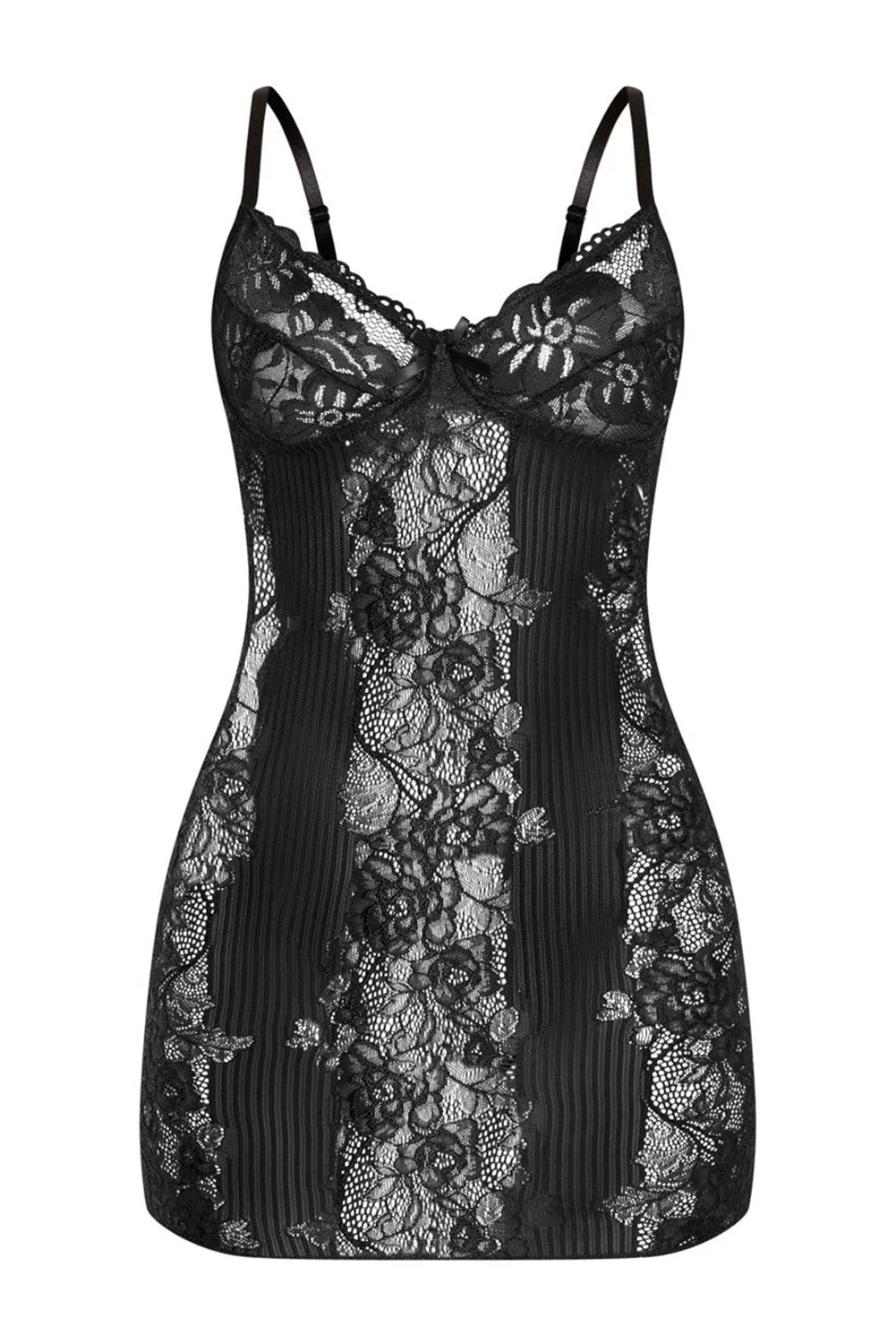 Black Deep Neck Lace Slip Babydoll