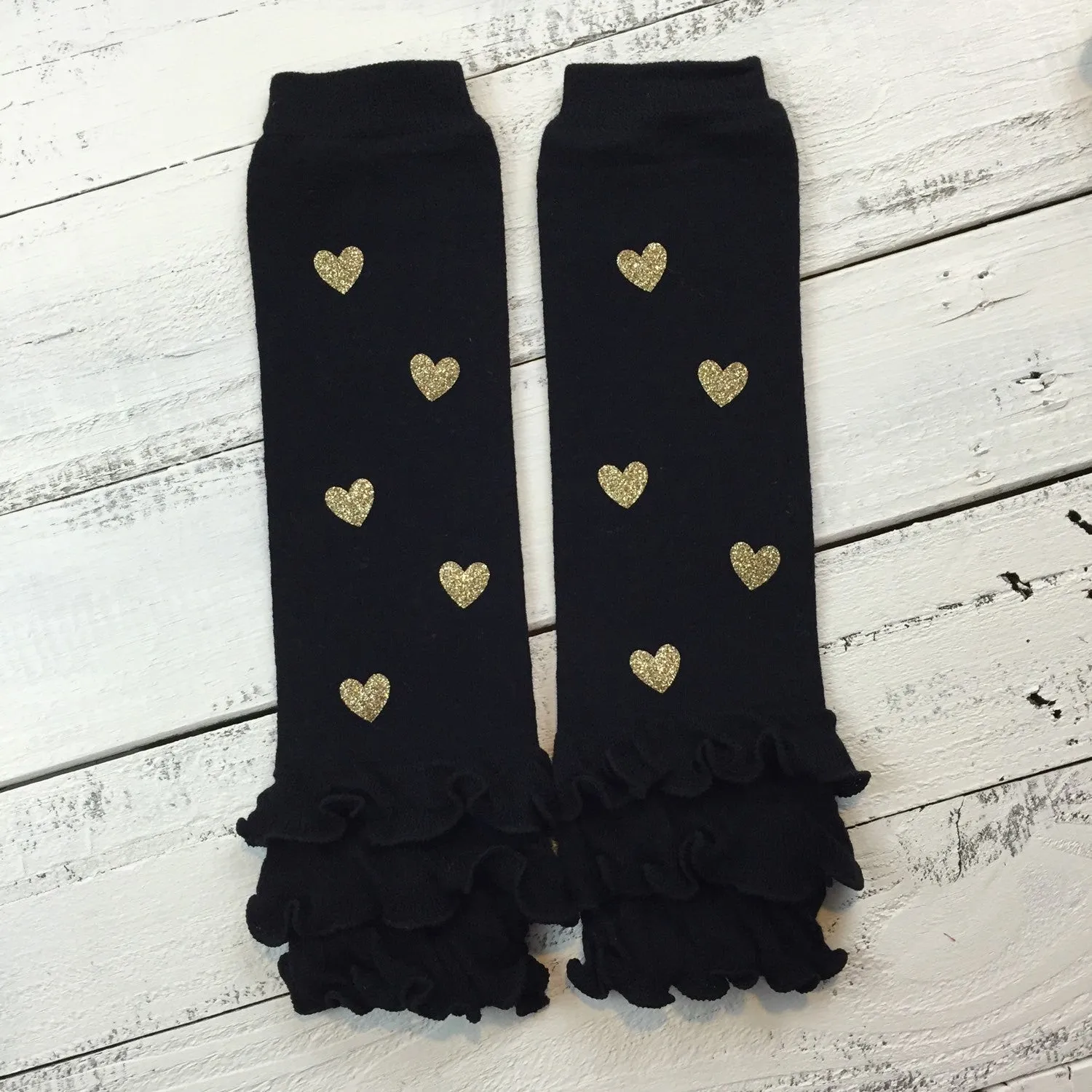 Black Leg Warmers with Gold Glitter Hearts and matching headband