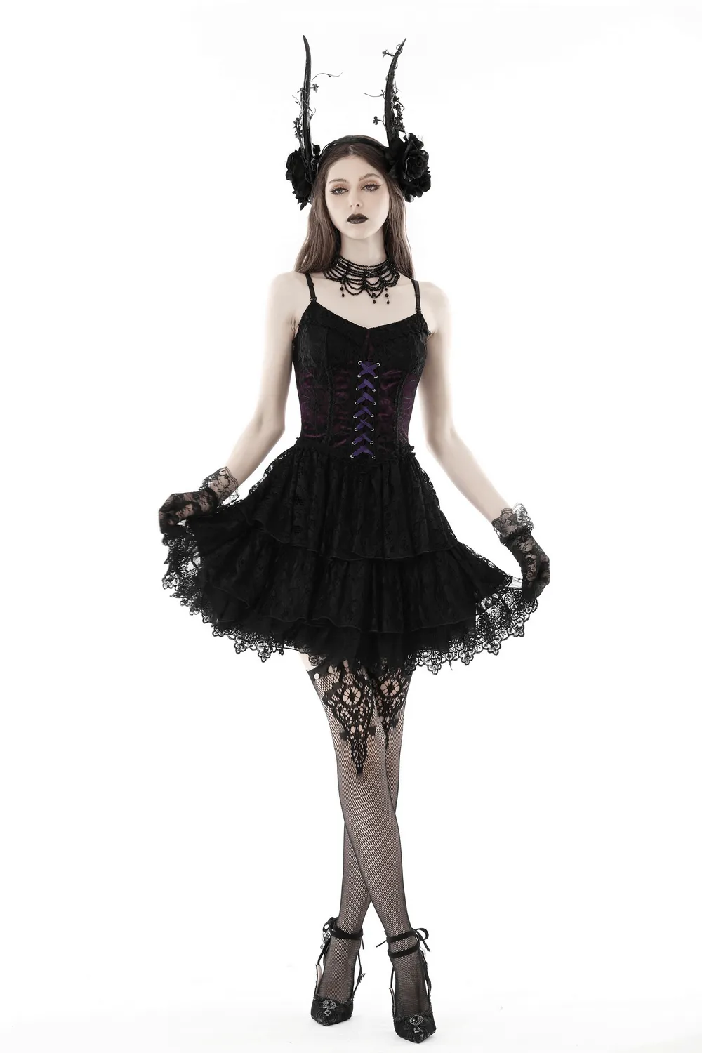 Black Purple Lace-Up Gothic Mini Dress - Dark Lolita
