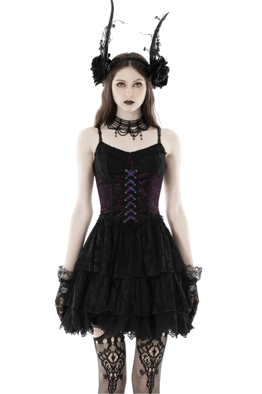 Black Purple Lace-Up Gothic Mini Dress - Dark Lolita