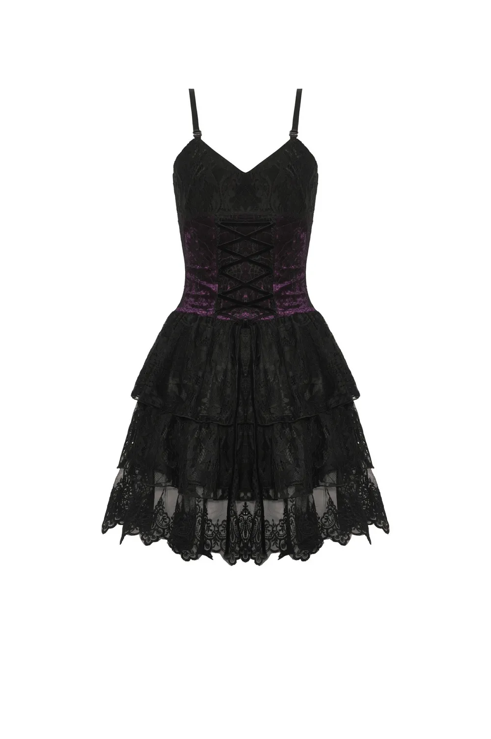 Black Purple Lace-Up Gothic Mini Dress - Dark Lolita