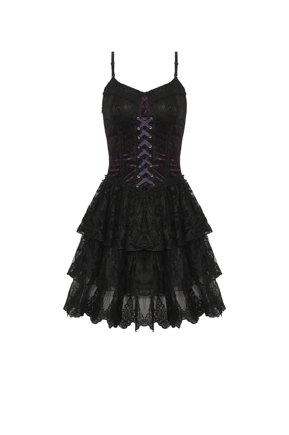 Black Purple Lace-Up Gothic Mini Dress - Dark Lolita