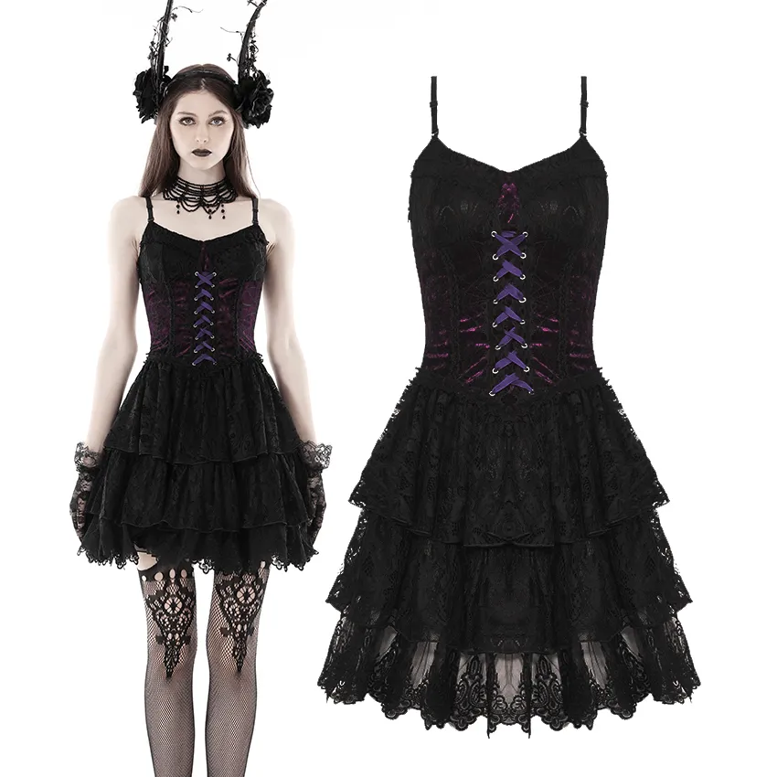 Black Purple Lace-Up Gothic Mini Dress - Dark Lolita