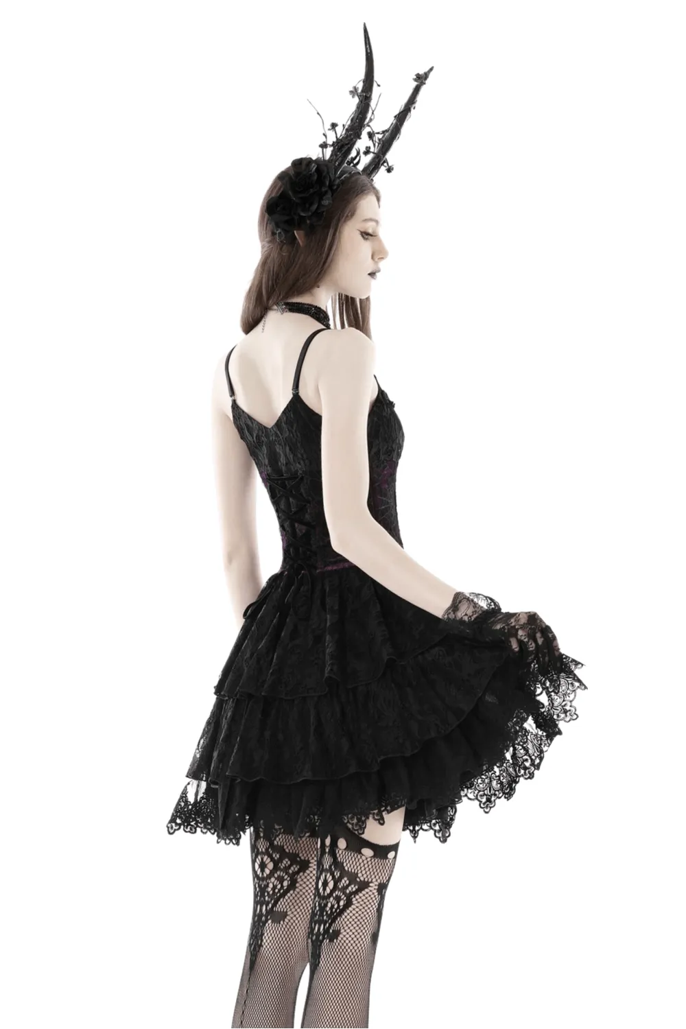 Black Purple Lace-Up Gothic Mini Dress - Dark Lolita