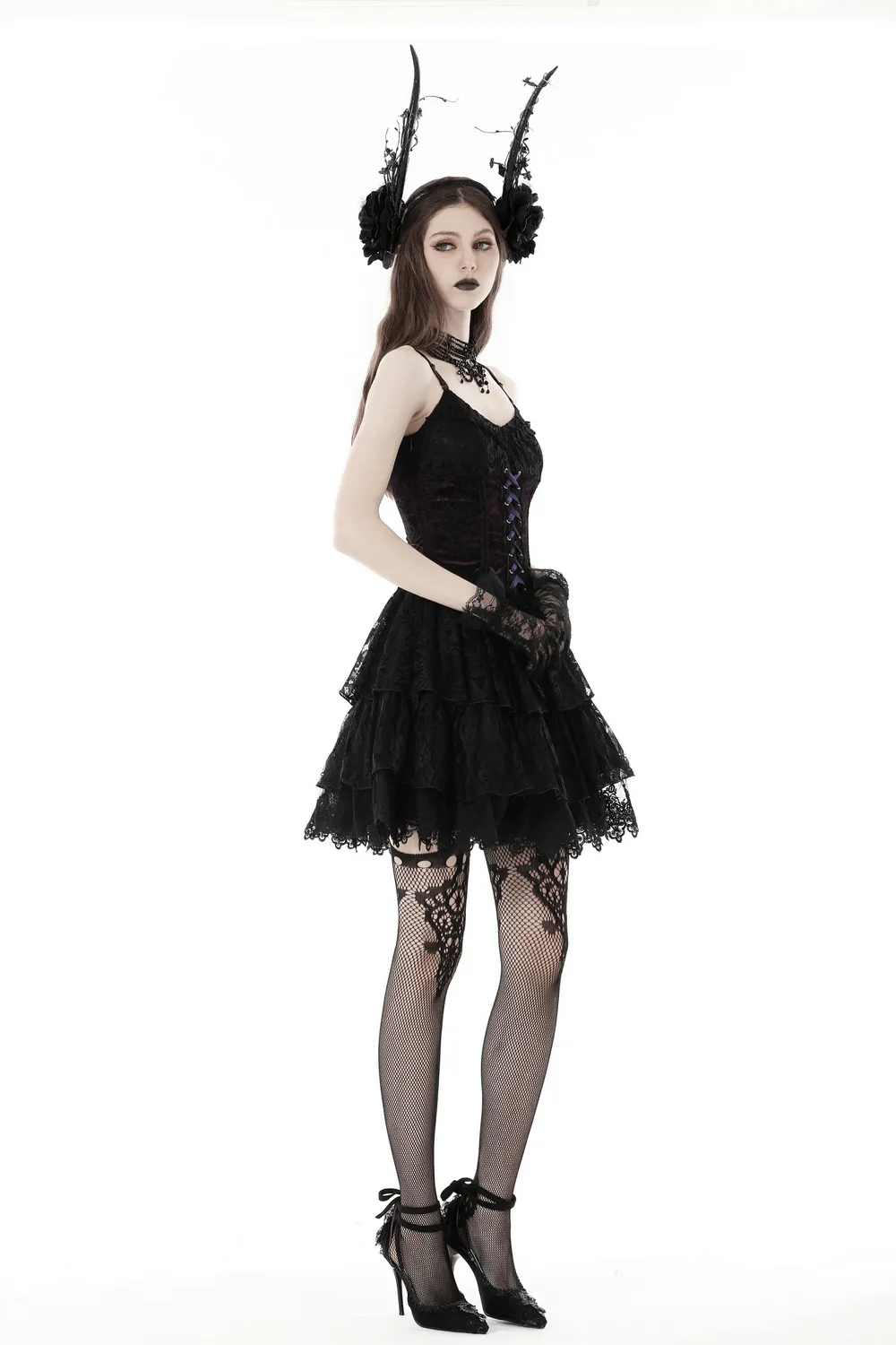 Black Purple Lace-Up Gothic Mini Dress - Dark Lolita
