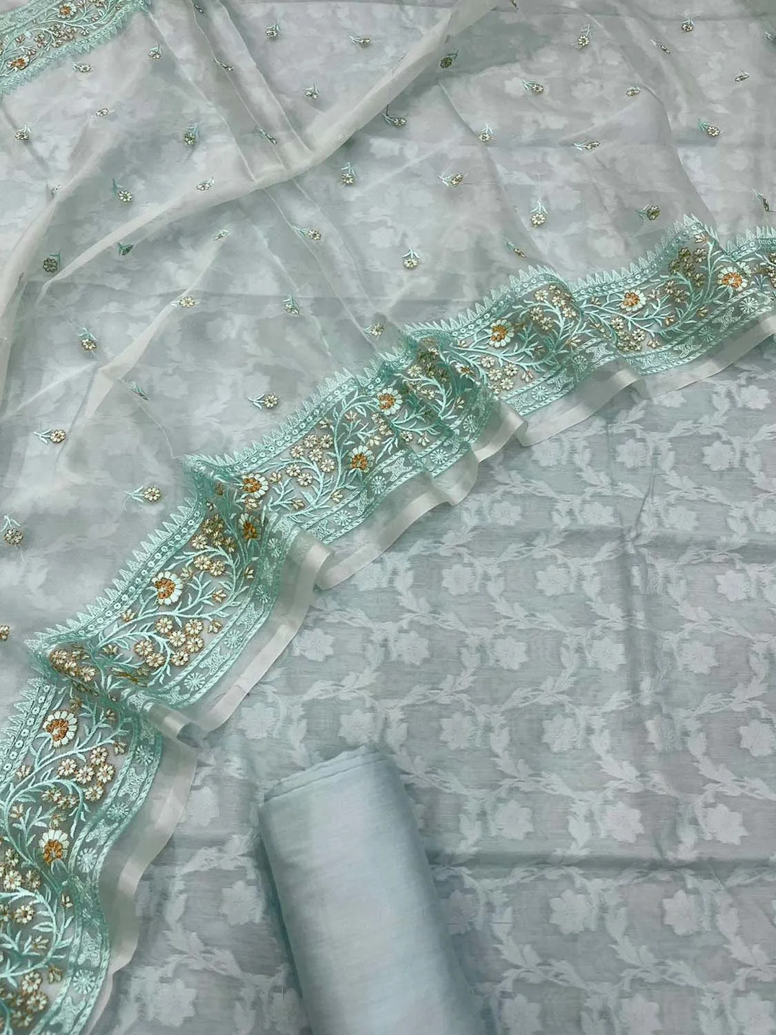 Blue Banarasi Cotton 3-Piece Suit Set with Embroidered Organza Dupatta