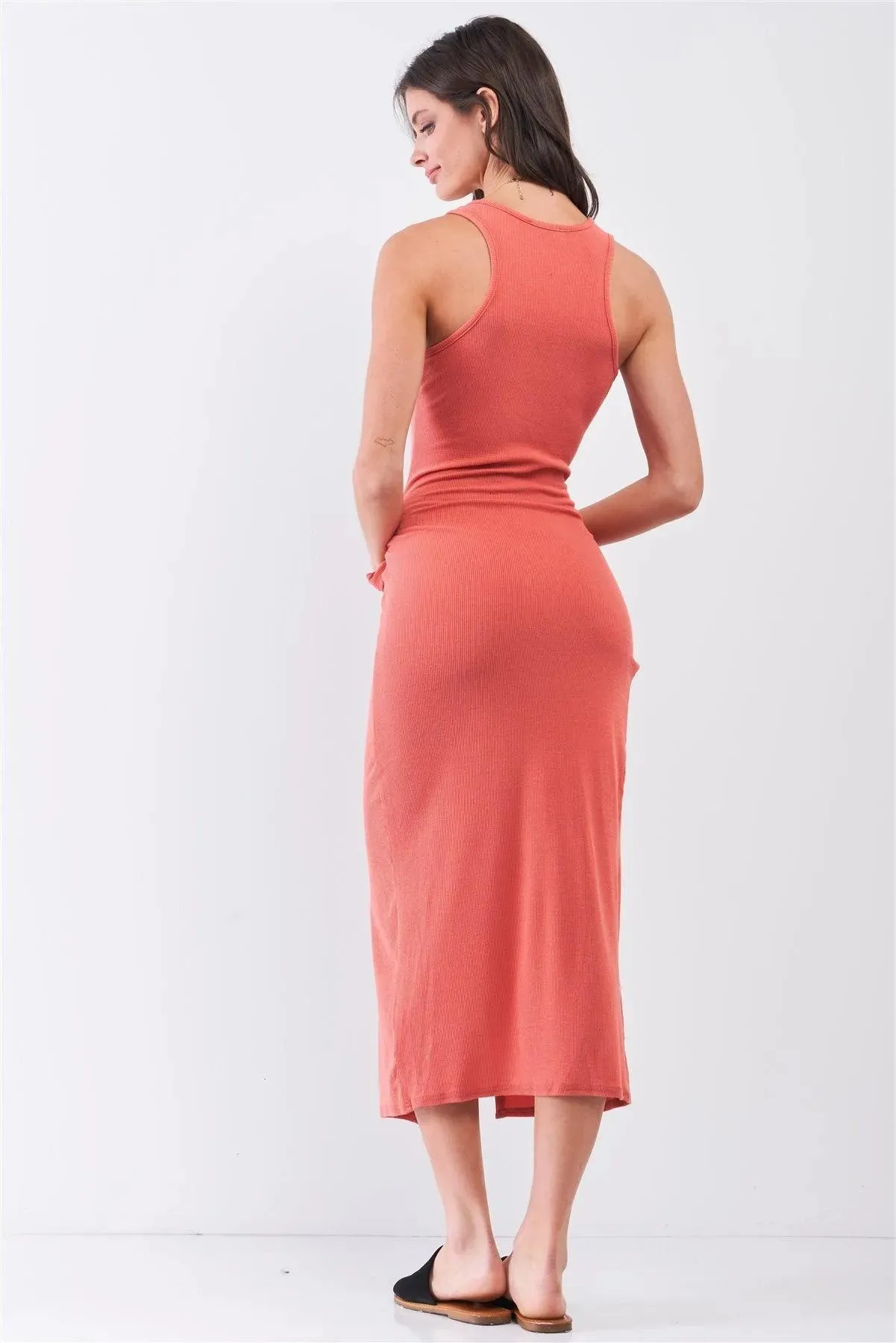Brick Coral Ribbed Sleeveless Scoop Neck Asymmetrical Wrap Front Detail Midi Dress
