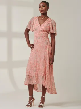 Chelsea Pleated Chiffon Dip Hem Maxi Dress, Coral Multi