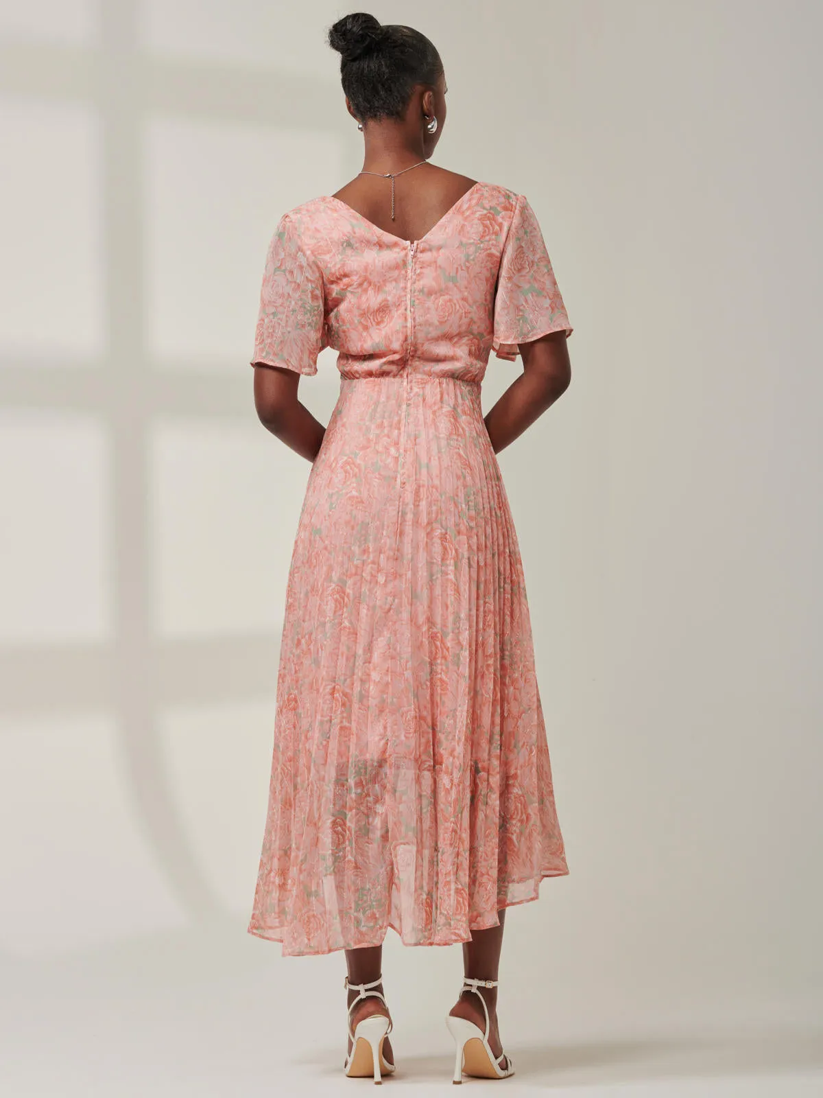 Chelsea Pleated Chiffon Dip Hem Maxi Dress, Coral Multi