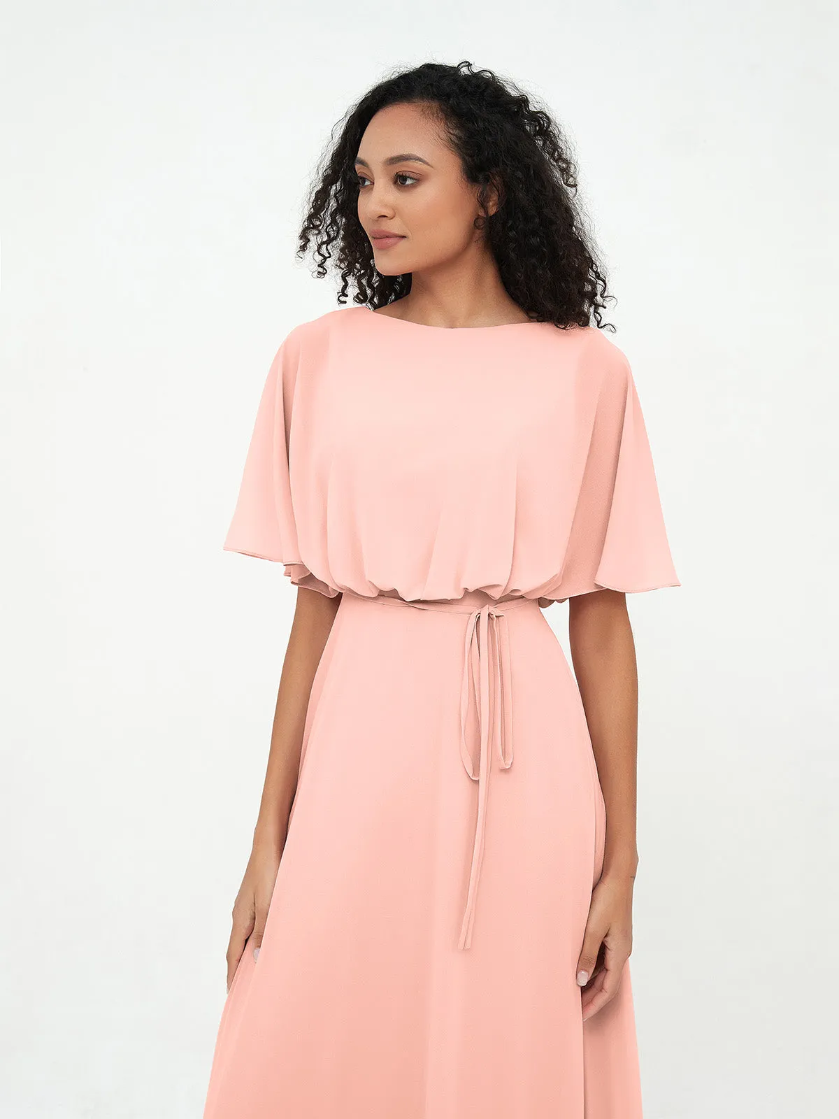 Chiffon Full Length Bridesmaid Dresses with Wrap Coral Plus Size