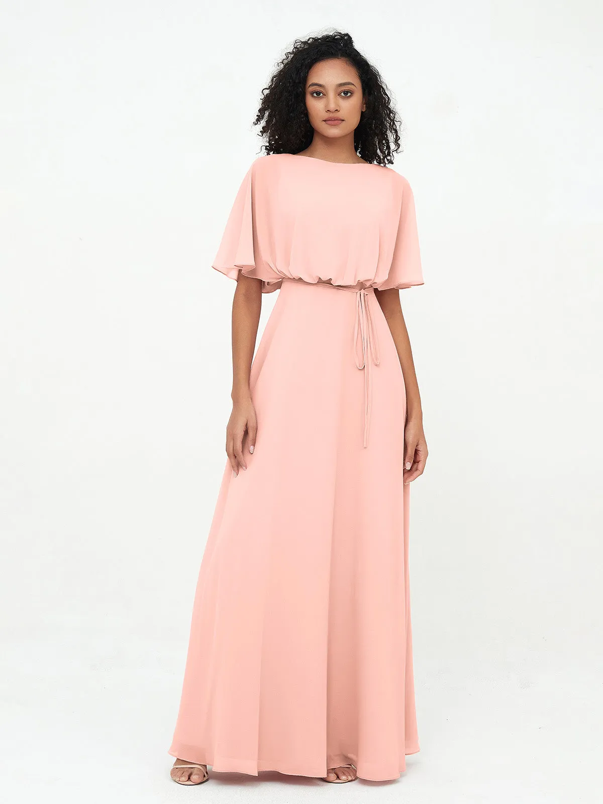 Chiffon Full Length Bridesmaid Dresses with Wrap Coral Plus Size