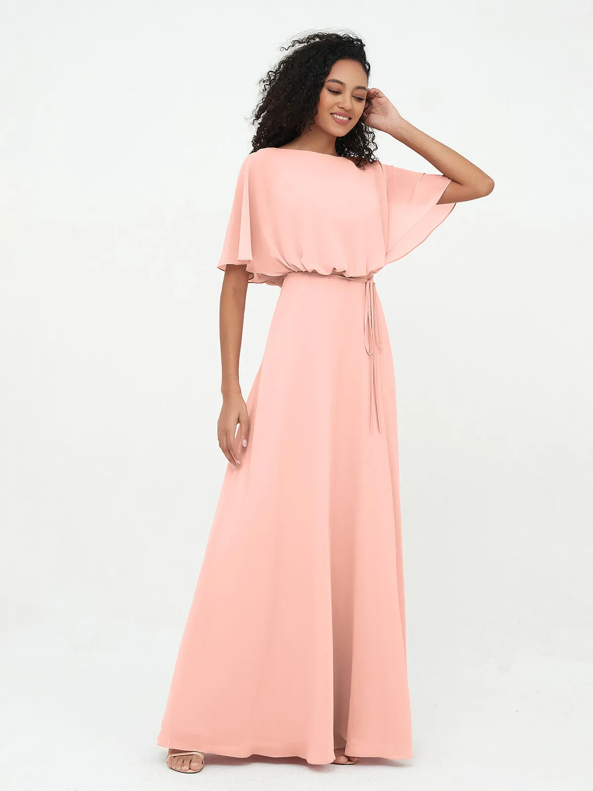 Chiffon Full Length Bridesmaid Dresses with Wrap Coral Plus Size