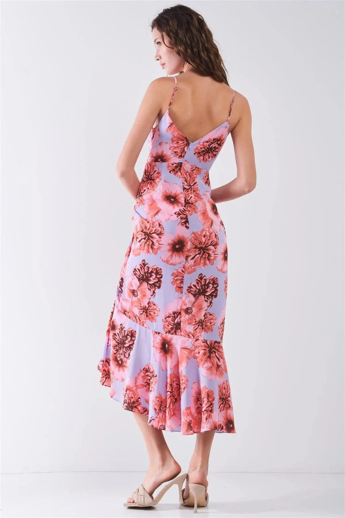 Coral & Lilac Floral Print Sleeveless V-Neck Gathered Side Detail Ruffle Hem Midi Dress /3-2-1