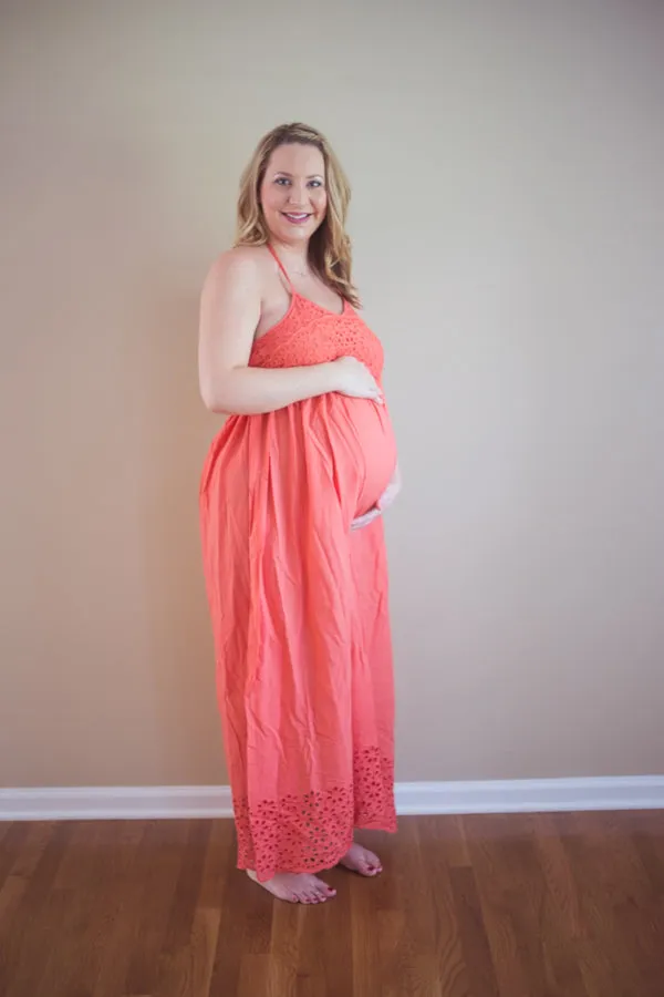 Coral Eyelet Maternity Maxi Dress