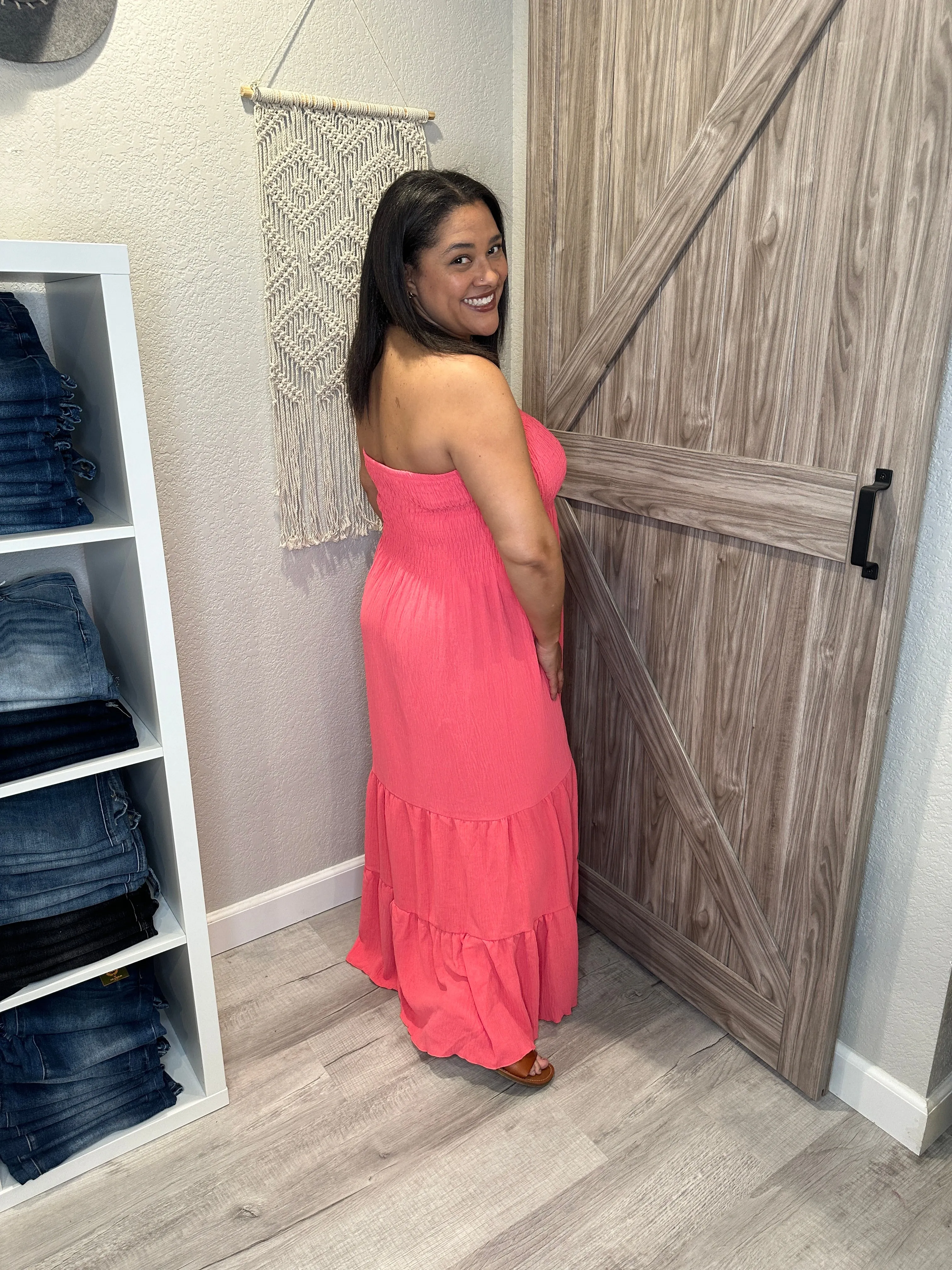 Coral Strapless Smocked Tiered Summer Maxi Dress
